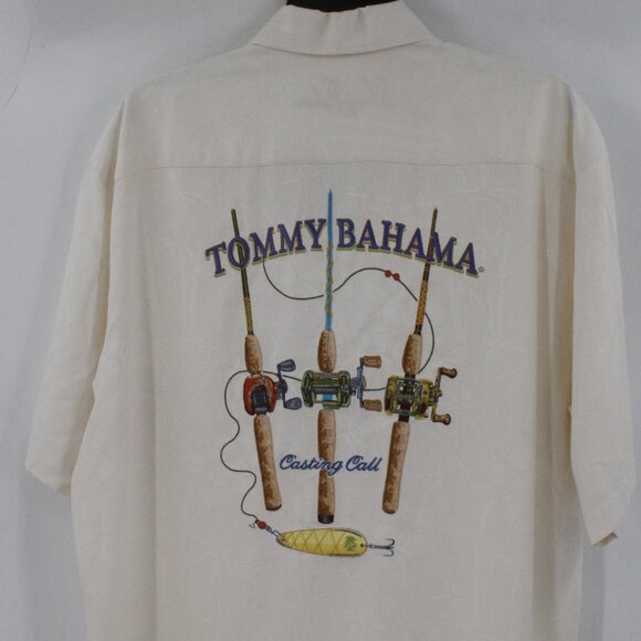 Tommy Bahama Shirt Mens Large ivory Embroidered Casting Call Fishing Rods Silk - Picture 1 of 15